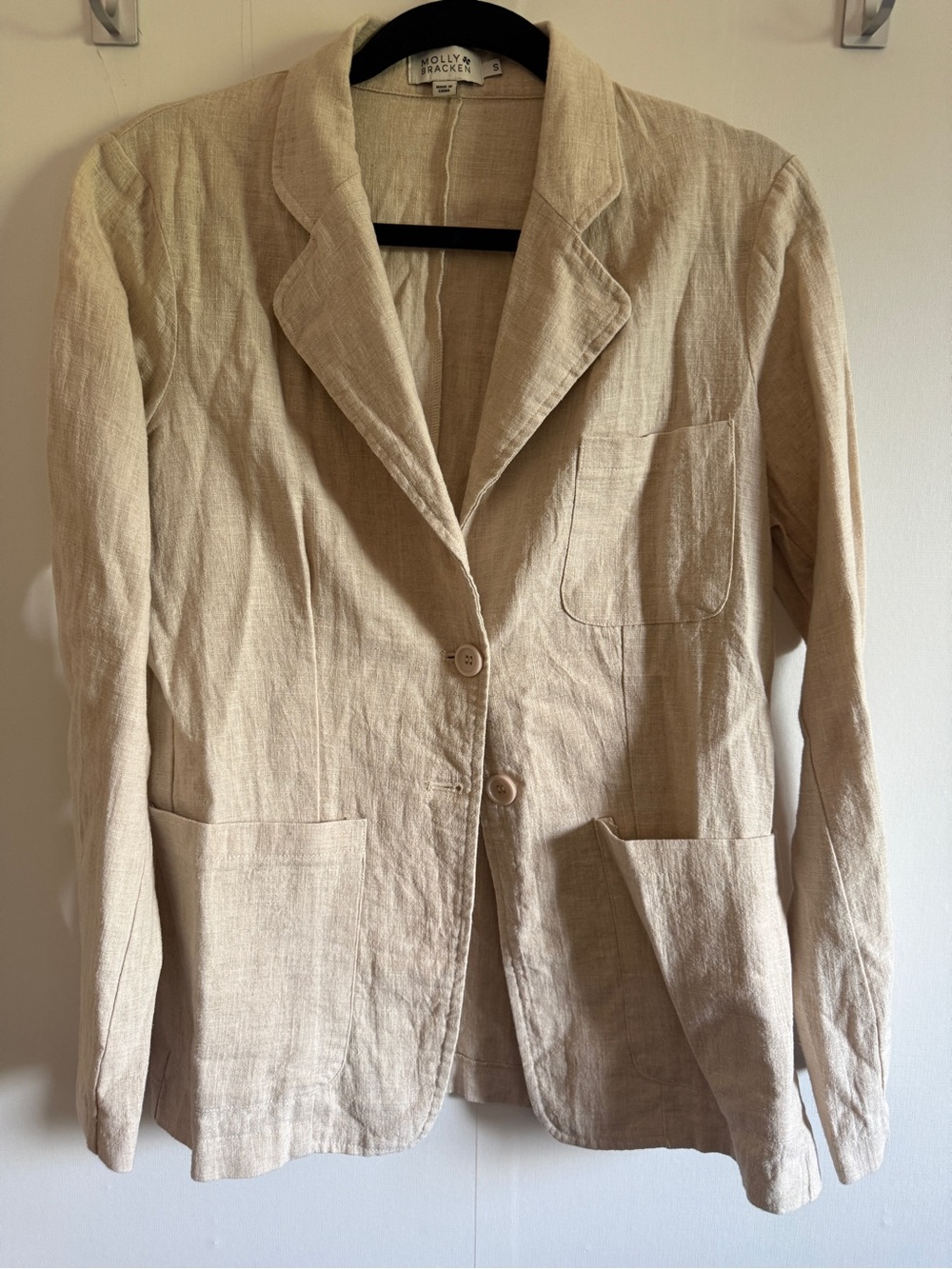 Molly Bracken Linen Cotton Blazer Size S Beige Oatmeal Lightweight Jacket